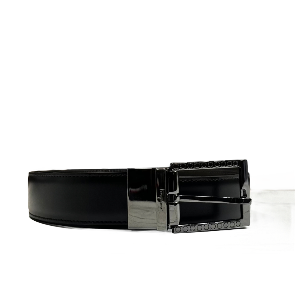CINTURON FERRAGAMO NEGRO / CAFE HEBILLA RECTANGULAR PLATEADO CON SIGNOS INCRUSTADOS