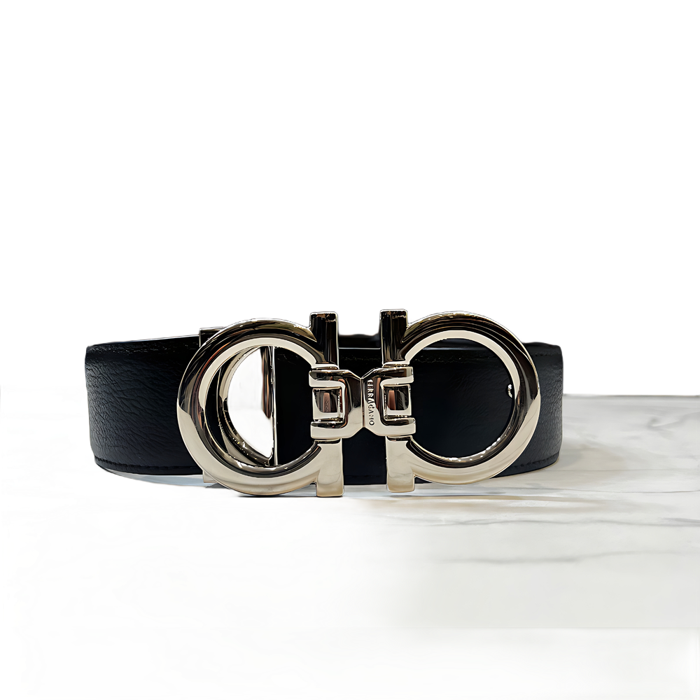 CINTURON FERRAGAMO NEGRO / CAFE  DOBLE HEBILLA GANCINI PLATEADA DOBLE VISTA 